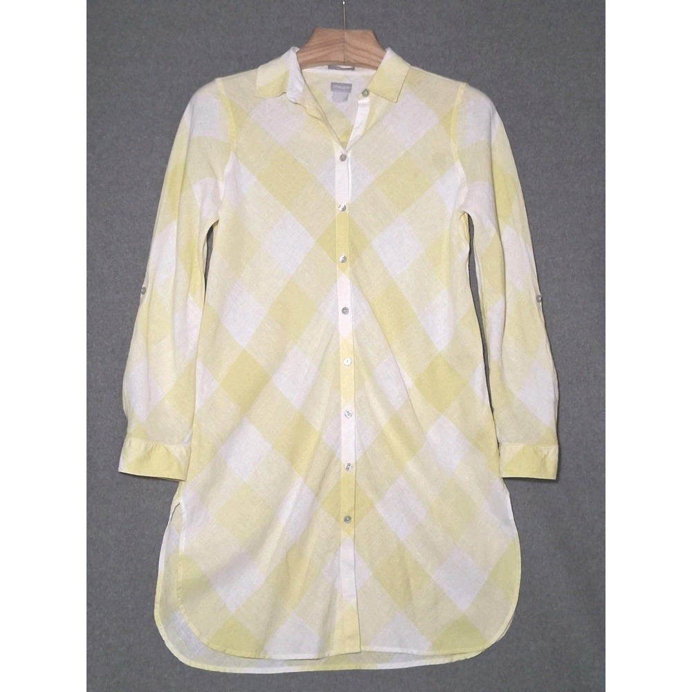 Chicos No Iron Linen Shirt Dress Yellow White Buffalo Check Plaid Size0 US Small